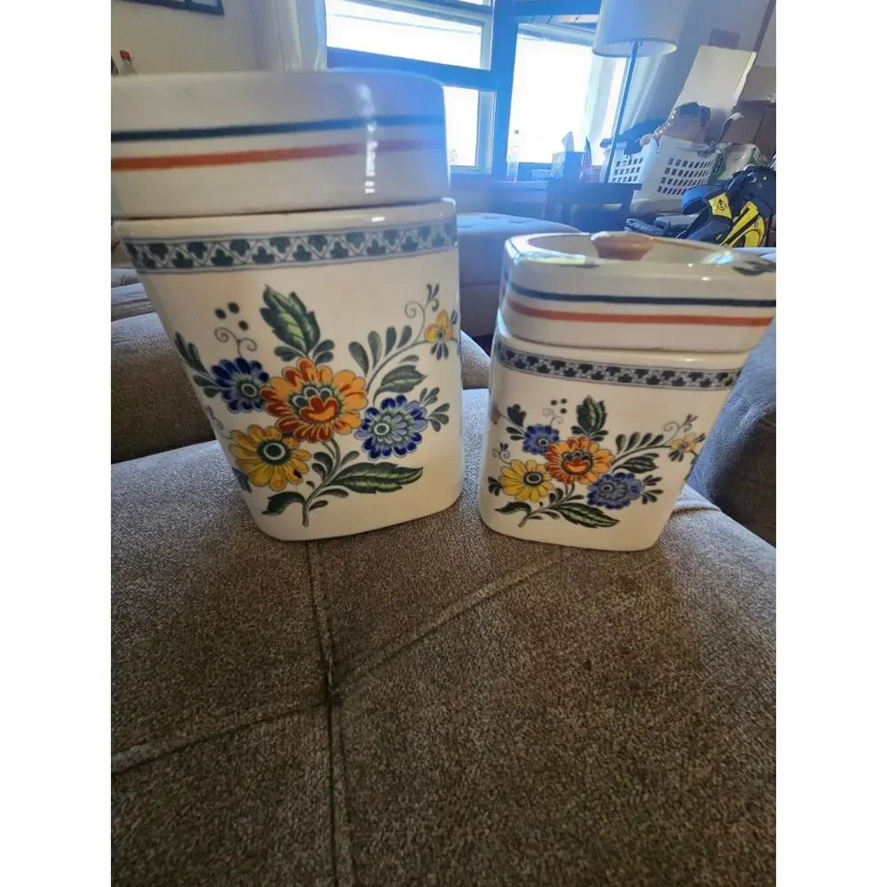 Vintage Daeware Korea Floral Canister Set 2 Square Ceramic Kitchen Jars